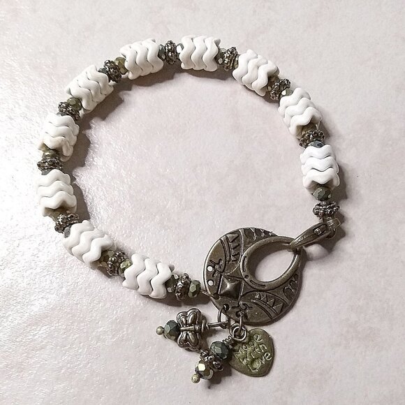 Beaded Chunky Charm Bracelet 4 Larger Wrists! Off-White + Bronze Fall Colors! - Picture 1 of 7